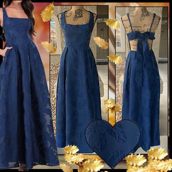 Lulus Navy Jacquard Tie-Back with Pockets Perfected Aura  Maxi Dress Size L - Picture 1 of 13